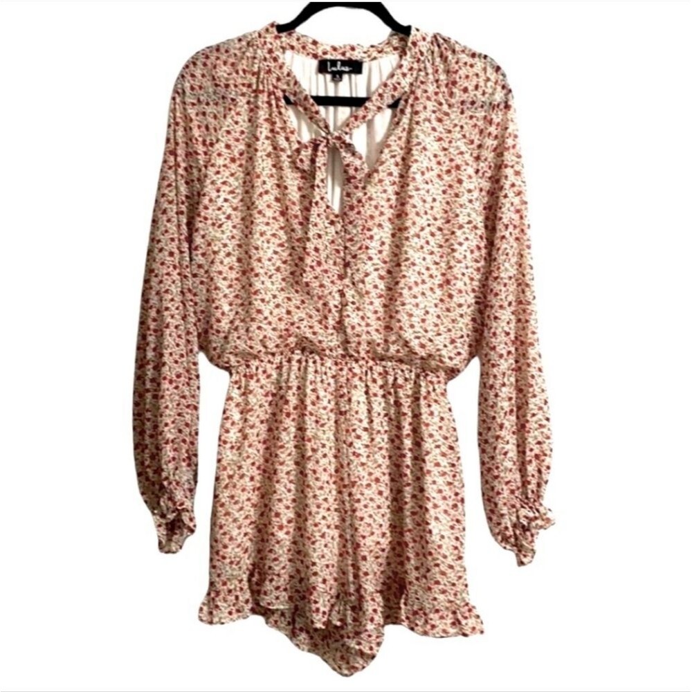 Lulu’s Floral Romper Tie Neck Ruffle Trim Cinched Elastic Waist Women Size S